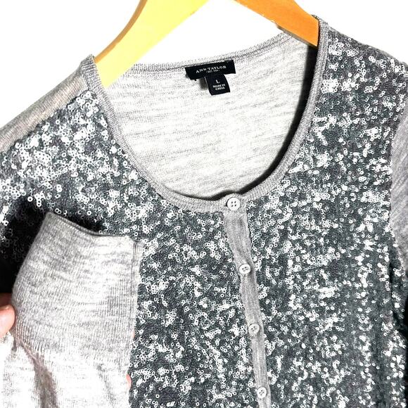 ANN TAYLOR Women’s Light Gray Merino Wool and Silver Sequin Cardigan - Picture 2 of 3